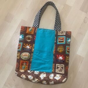 Reversible coffee inspired bag.  Handmade. Lots of pockets. Market or craft bag